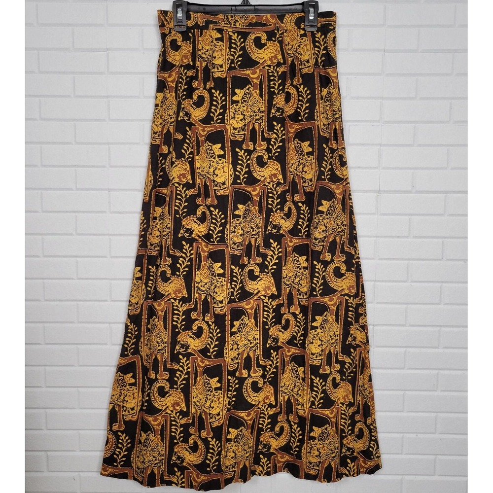 Vtg 70s Maxi Skirt Indonesian Figural Print Size Sz M Metal Zip Boho Resort - Picture 3 of 10